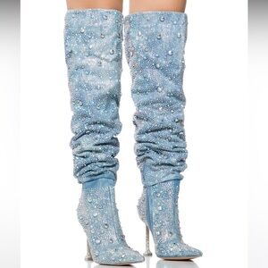 Embellished denim thigh high boots
